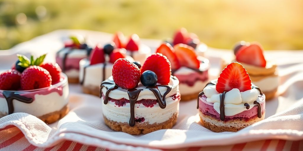 Colorful no-bake desserts on a picnic blanket outdoors.
