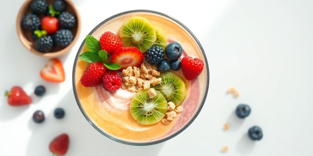 Colorful smoothie bowl with berries and granola.