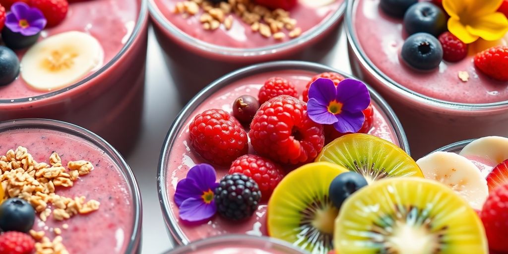 Colorful smoothie bowls with fresh fruit and edible flowers.