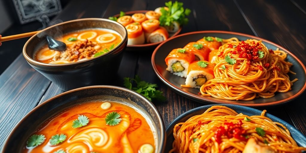 Colour Asain dishes arranged on a rustic wooden table