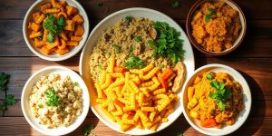 Five global dinner dishes arranged in a visually appealing circle