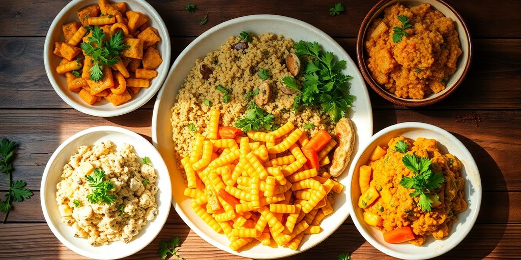 Five global dinner dishes arranged in a visually appealing circle